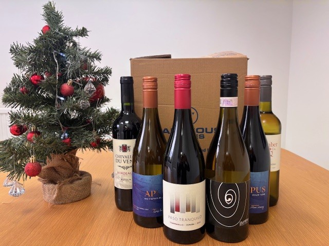 The six wines from the Warehouse Wines Christmas case lined up in front of the delivery box beside a small Christmas tree