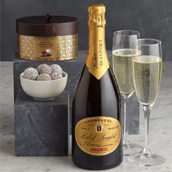 Gold Box with champagne, two flutes and champagne truffles