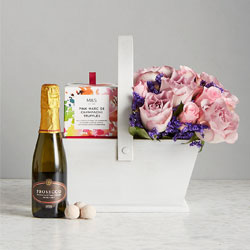 Trug with Prosecco Rose posy and Truffles