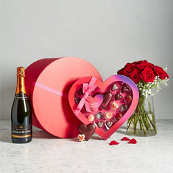 Red Hat box with Champagne, roses and chocolates